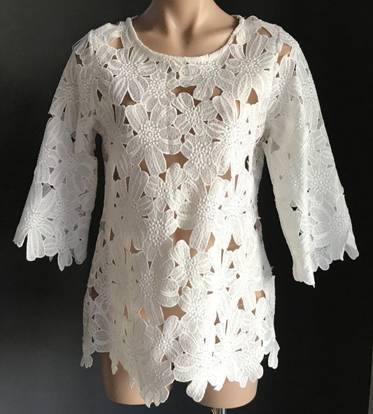 White 100% Cotton Top Long Cut Out Flower Lace 3/4 Sleeve Ladies Size 12 NEW