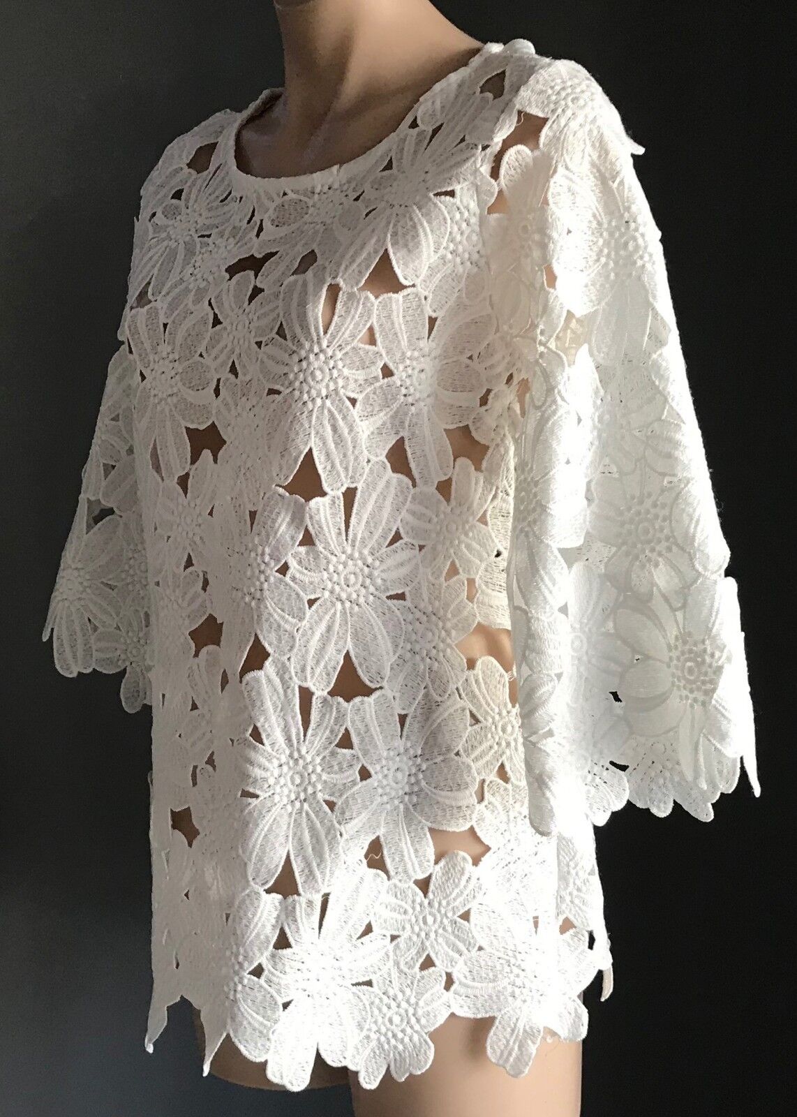 White 100% Cotton Top Long Cut Out Flower Lace 3/4 Sleeve Ladies Size 12 NEW
