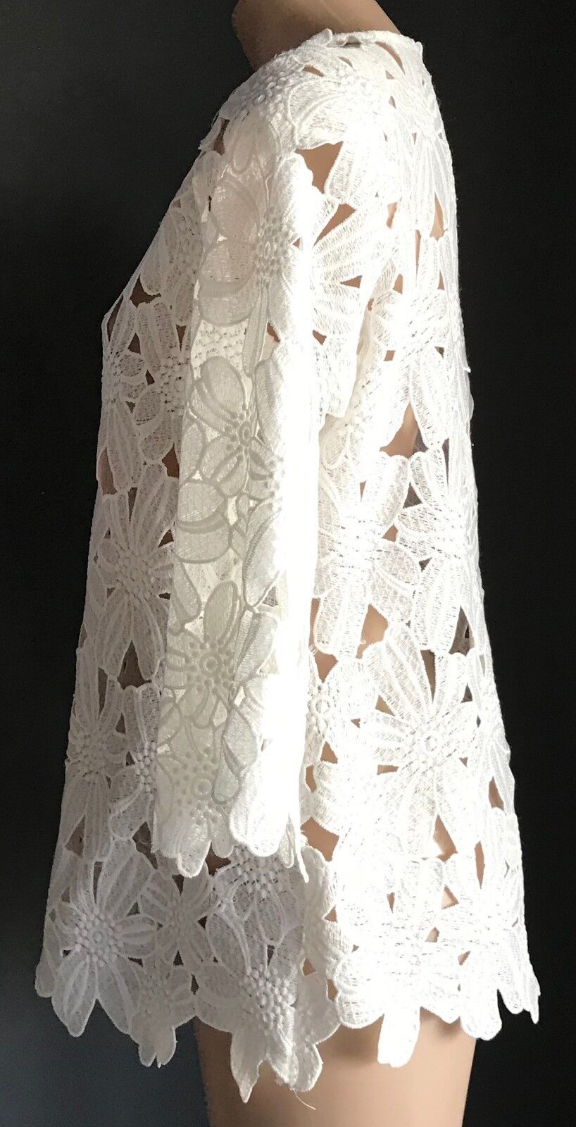 White 100% Cotton Top Long Cut Out Flower Lace 3/4 Sleeve Ladies Size 12 NEW