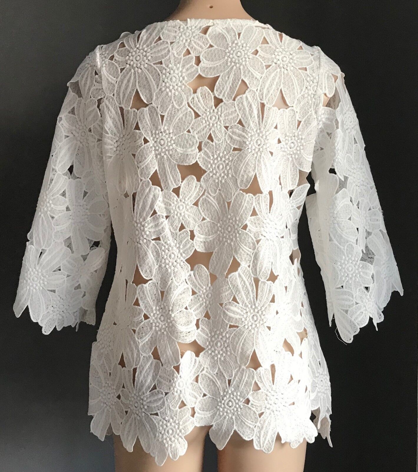 White 100% Cotton Top Long Cut Out Flower Lace 3/4 Sleeve Ladies Size 12 NEW