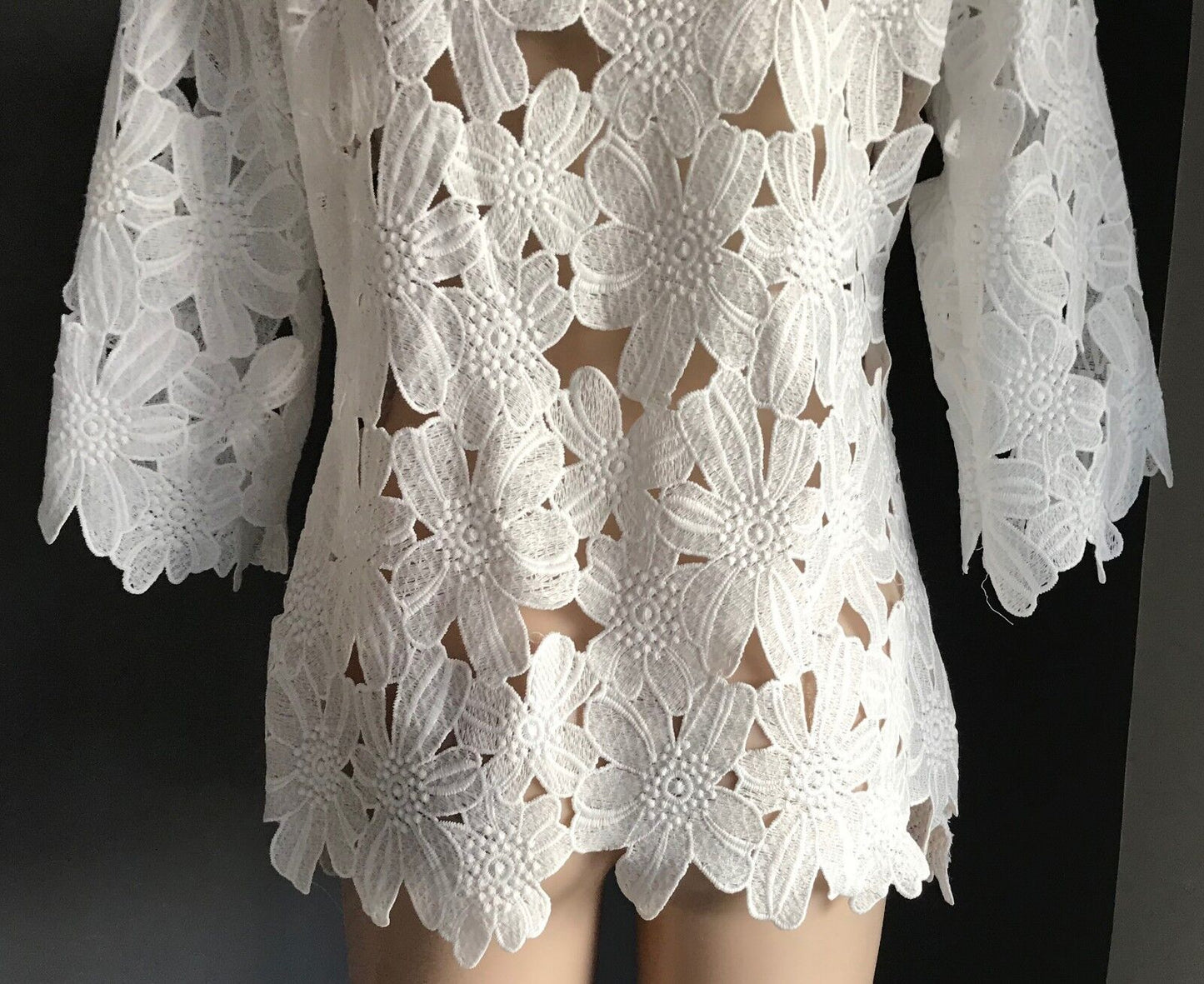 White 100% Cotton Top Long Cut Out Flower Lace 3/4 Sleeve Ladies Size 12 NEW