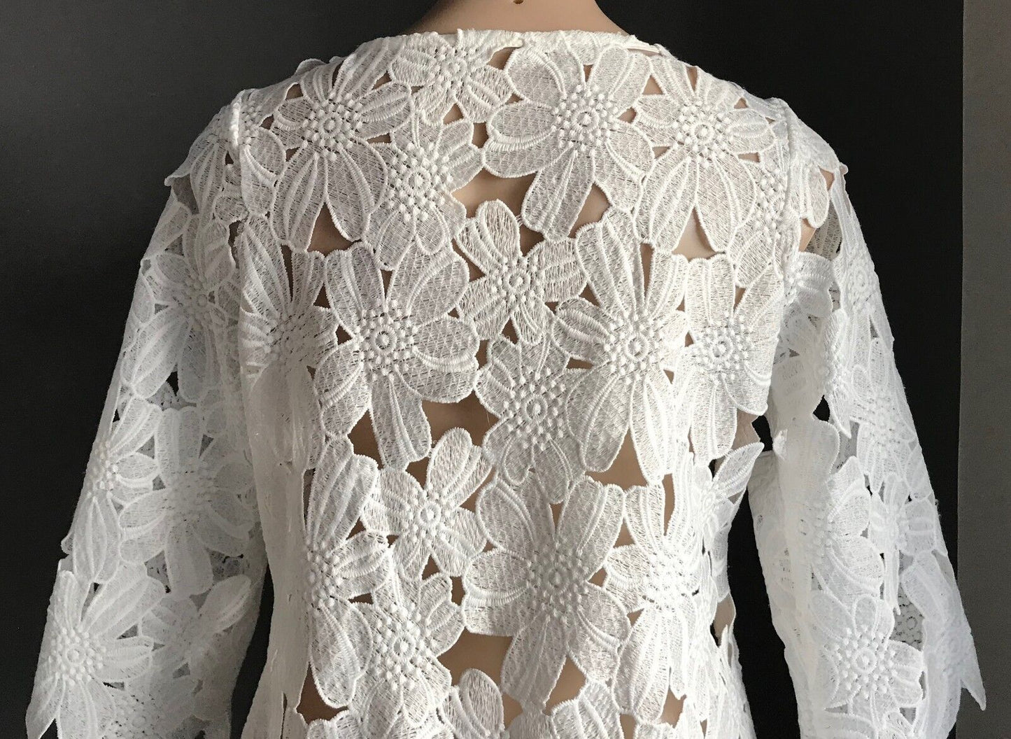 White 100% Cotton Top Long Cut Out Flower Lace 3/4 Sleeve Ladies Size 12 NEW