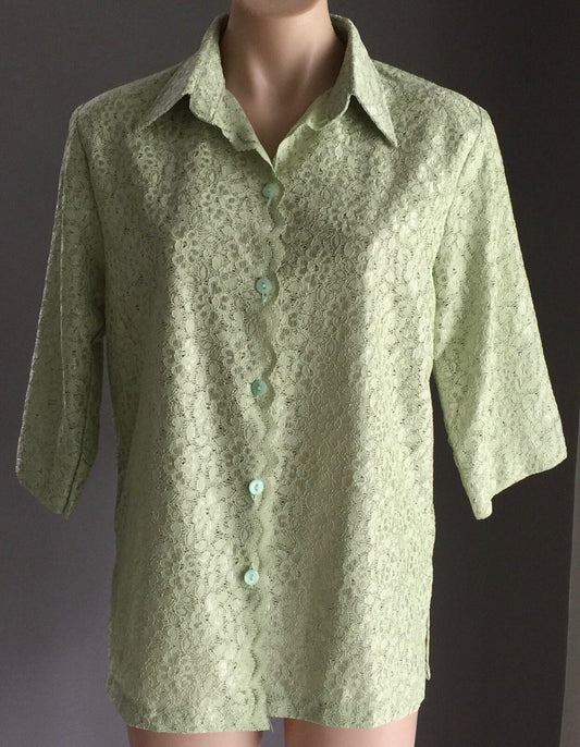 JODY K DESIGN Shirt Light Sage Green Lace 3/4 Sleeve Blouse Top Sz 12 Retro NEW