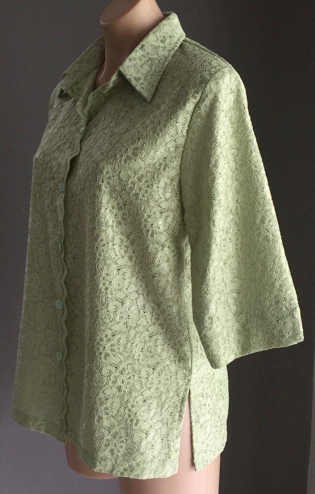 JODY K DESIGN Shirt Light Sage Green Lace 3/4 Sleeve Blouse Top Sz 12 Retro NEW