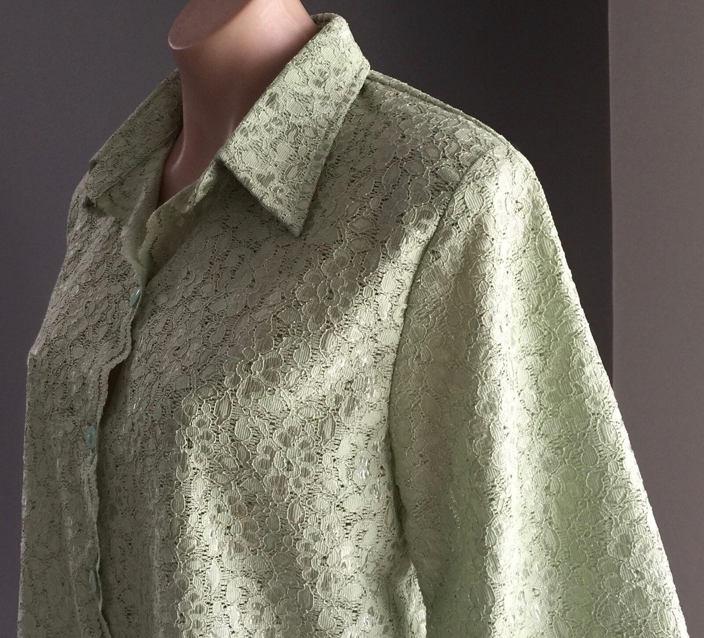 JODY K DESIGN Shirt Light Sage Green Lace 3/4 Sleeve Blouse Top Sz 12 Retro NEW