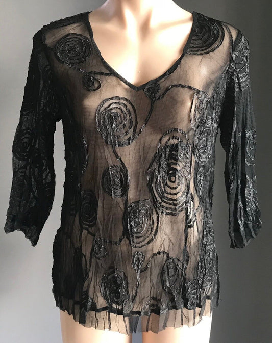 Lace TOP Swirl Ribbon Trim Tulle Hem Black Sheer Mesh Net 3/4 Sleeve Size 12