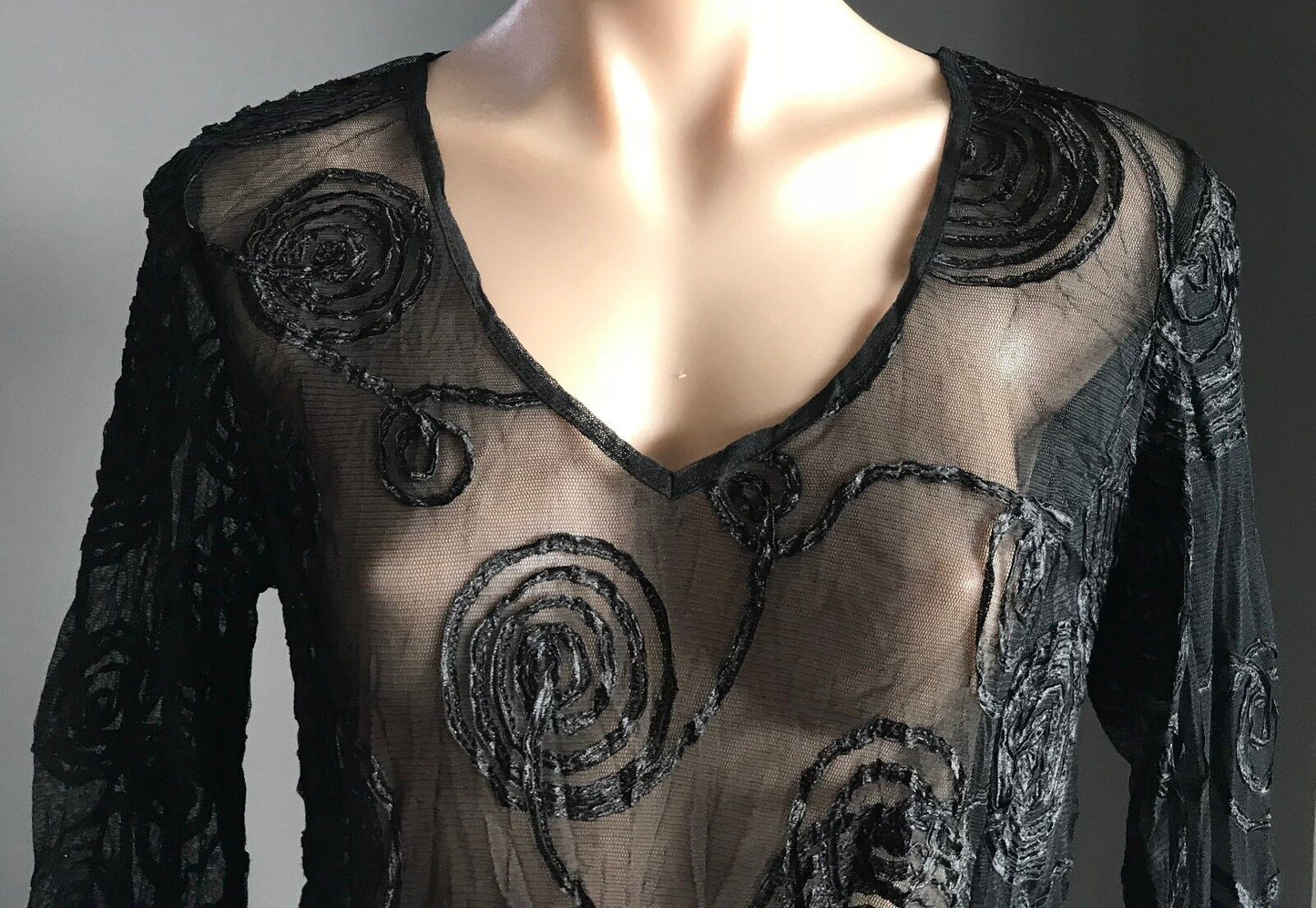 Lace TOP Swirl Ribbon Trim Tulle Hem Black Sheer Mesh Net 3/4 Sleeve Size 12