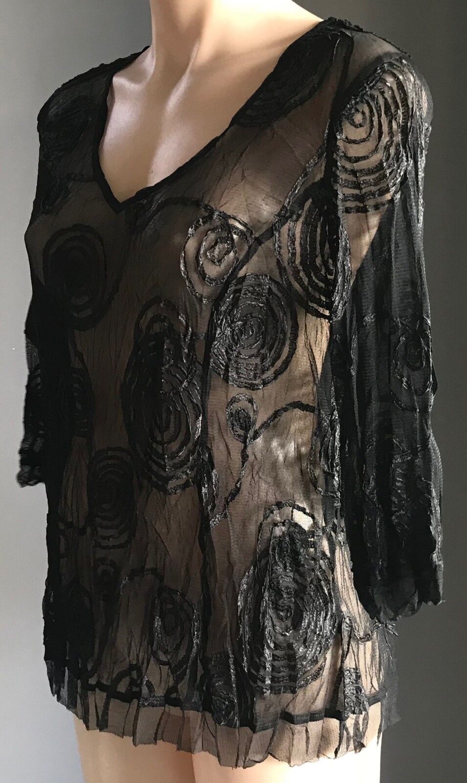 Lace TOP Swirl Ribbon Trim Tulle Hem Black Sheer Mesh Net 3/4 Sleeve Size 12