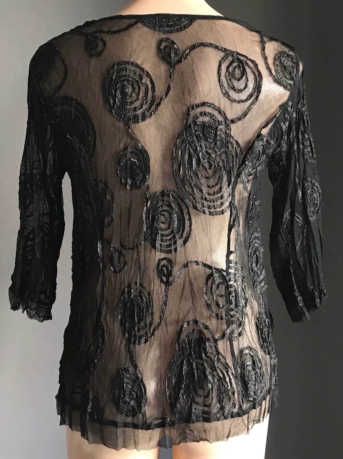Lace TOP Swirl Ribbon Trim Tulle Hem Black Sheer Mesh Net 3/4 Sleeve Size 12