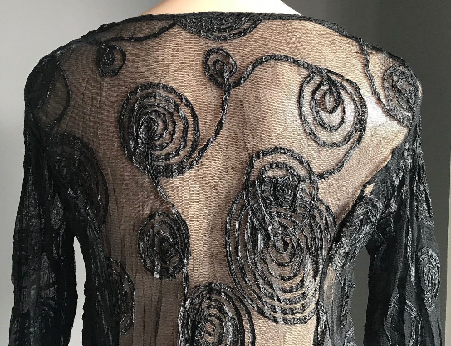 Lace TOP Swirl Ribbon Trim Tulle Hem Black Sheer Mesh Net 3/4 Sleeve Size 12