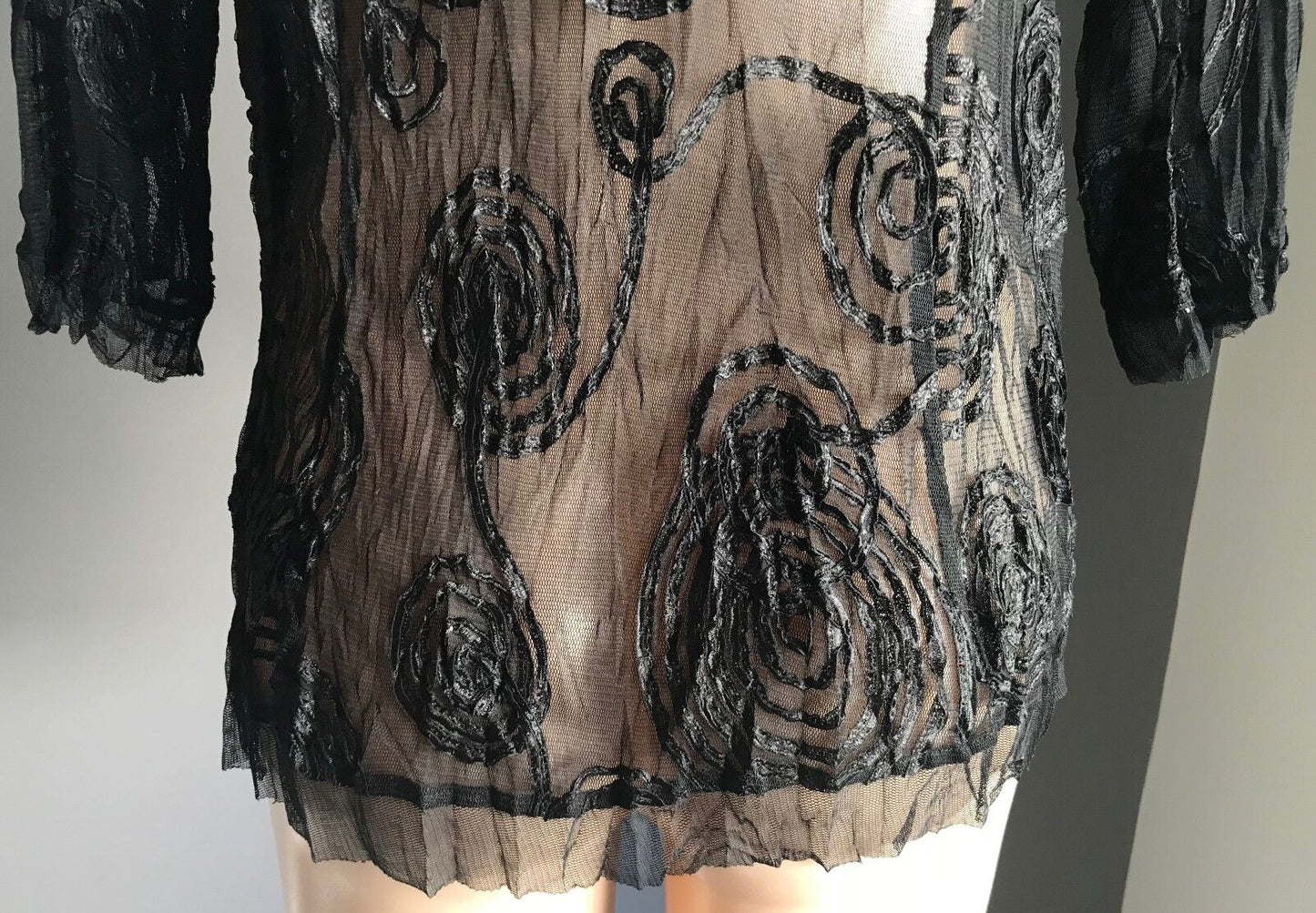 Lace TOP Swirl Ribbon Trim Tulle Hem Black Sheer Mesh Net 3/4 Sleeve Size 12