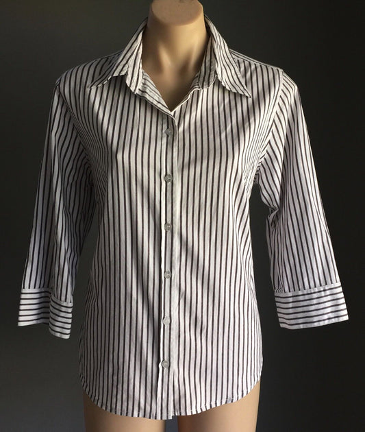 NONI B Shirt Buttons White & Grey Stripe 3/4 Sleeve w Button Cuff Top Size 12