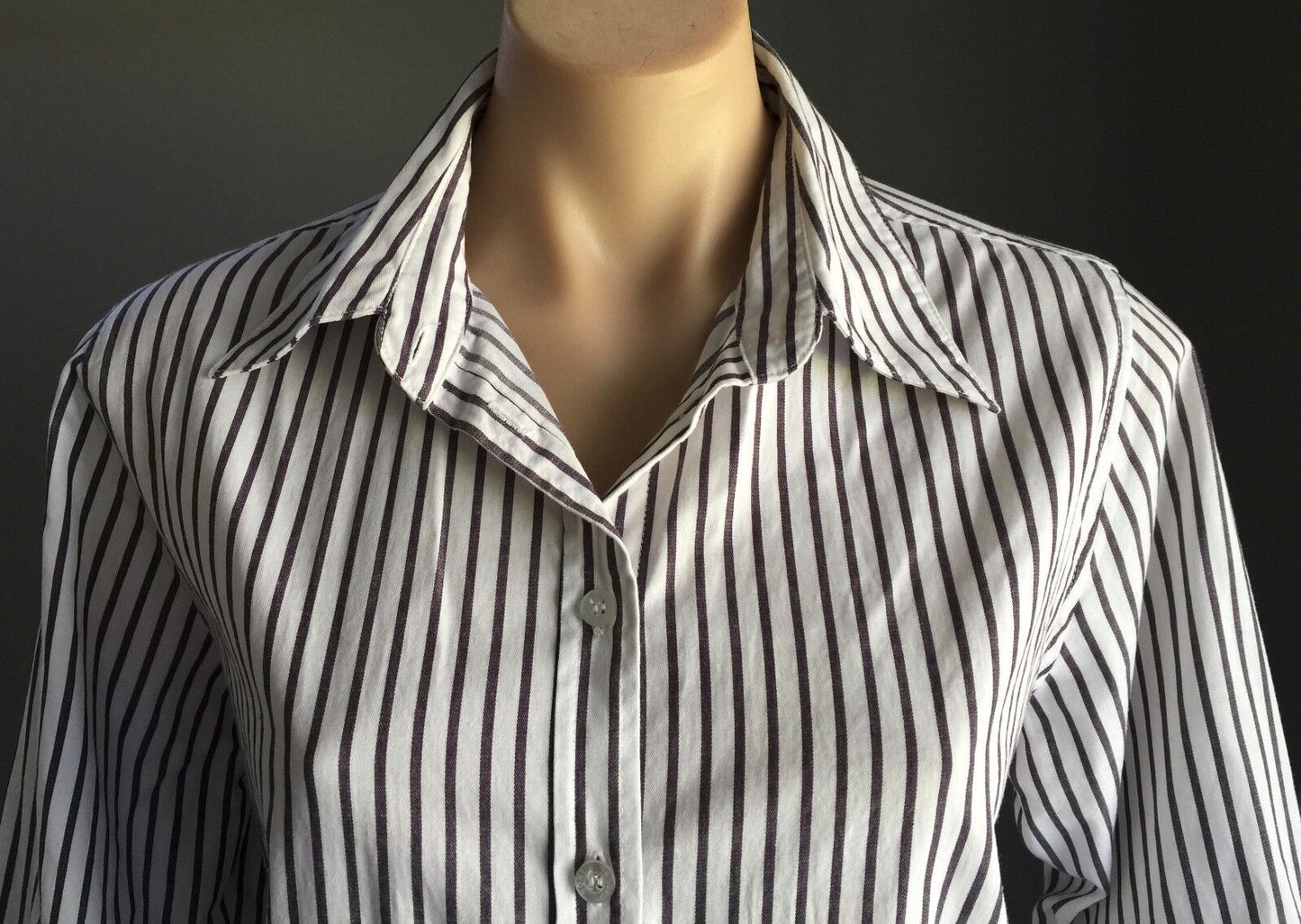NONI B Shirt Buttons White & Grey Stripe 3/4 Sleeve w Button Cuff Top Size 12