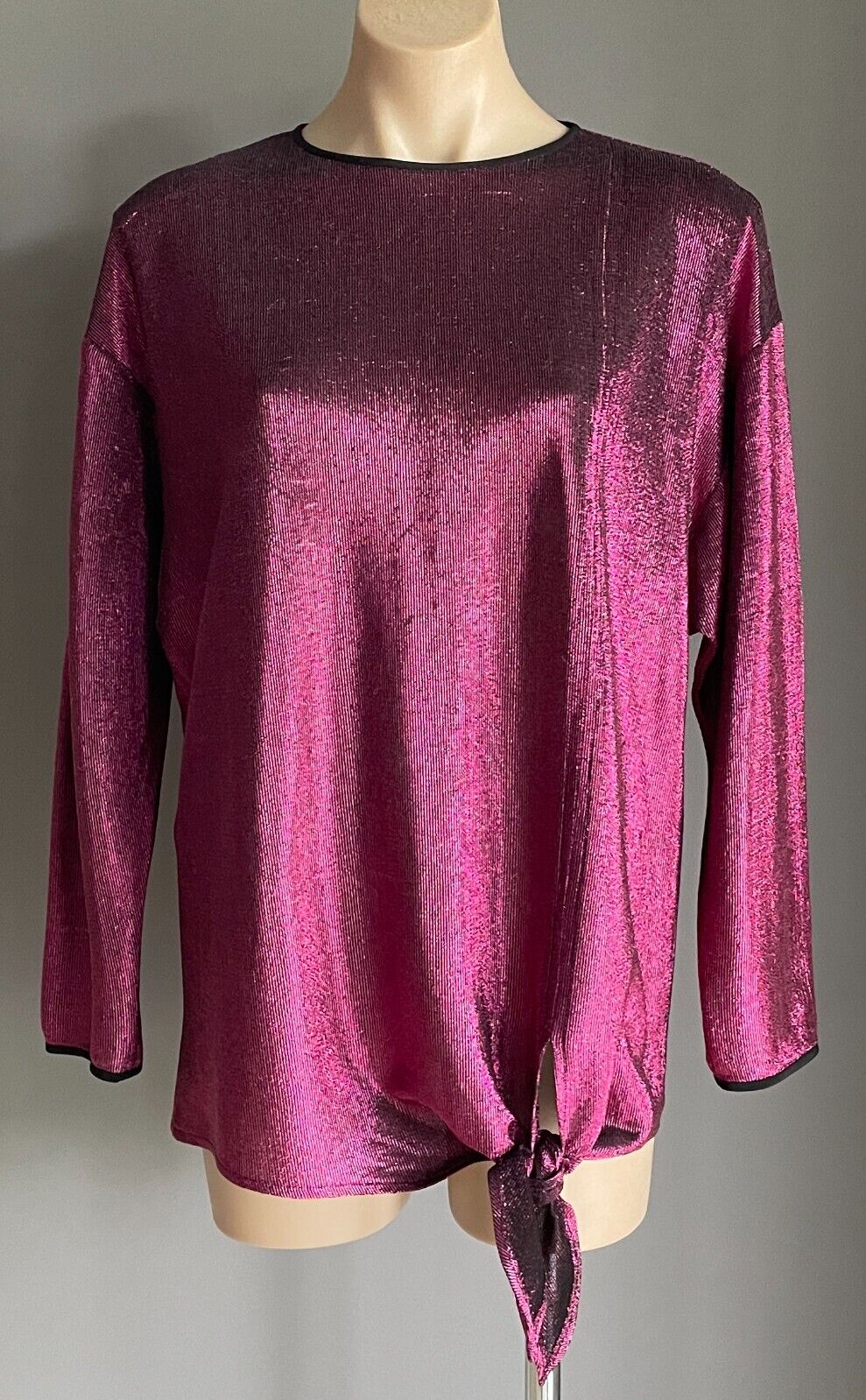 KAE GANBLEN Top Fucshia Pink Lurex 3/4 Sleeve Knot Hem Blouse Metallic Sz 12 Vtg