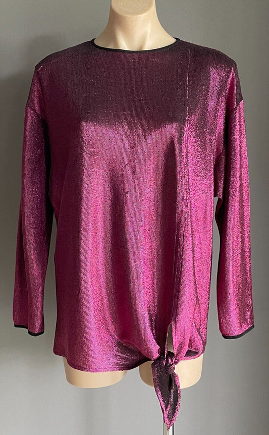 KAE GANBLEN Top Fucshia Pink Lurex 3/4 Sleeve Knot Hem Blouse Metallic Sz 12 Vtg