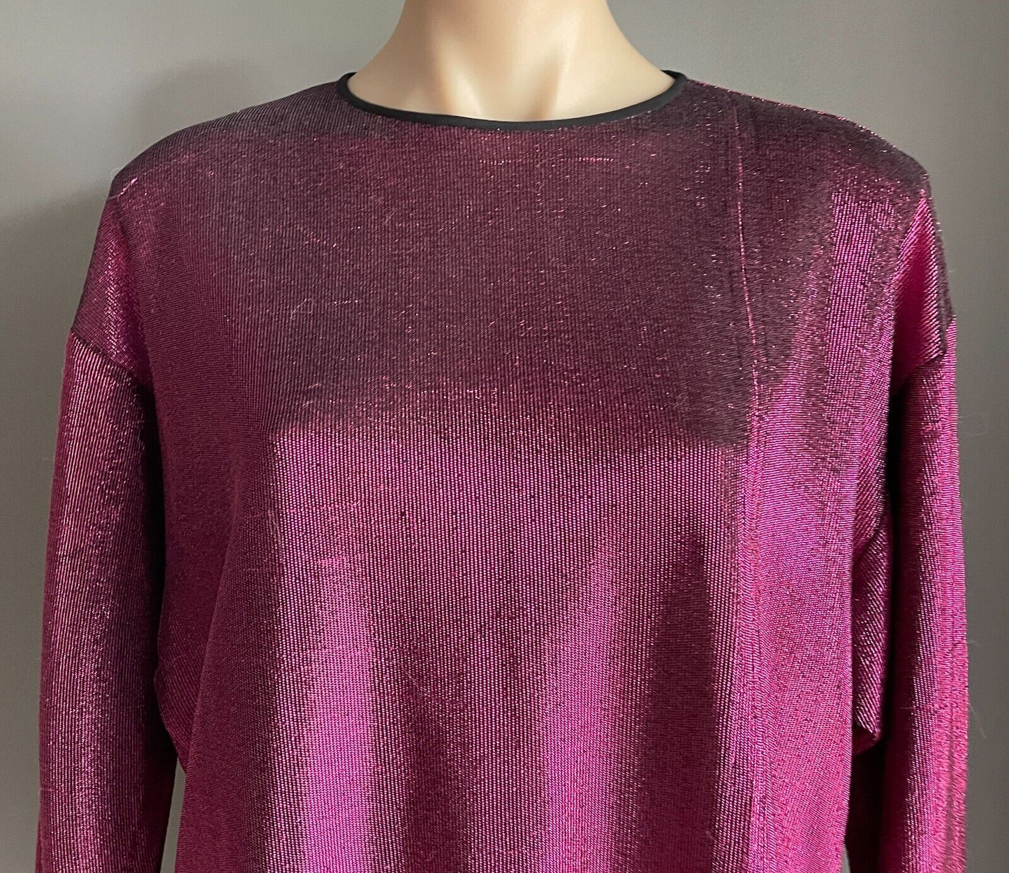 KAE GANBLEN Top Fucshia Pink Lurex 3/4 Sleeve Knot Hem Blouse Metallic Sz 12 Vtg