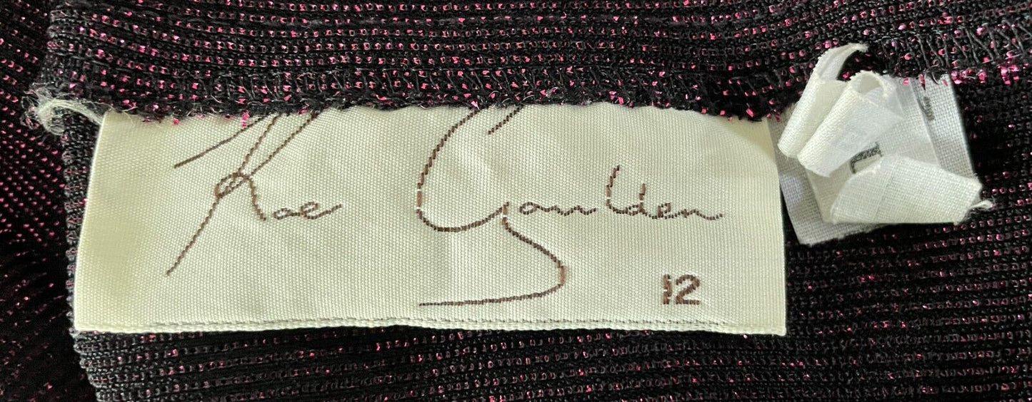 KAE GANBLEN Top Fucshia Pink Lurex 3/4 Sleeve Knot Hem Blouse Metallic Sz 12 Vtg