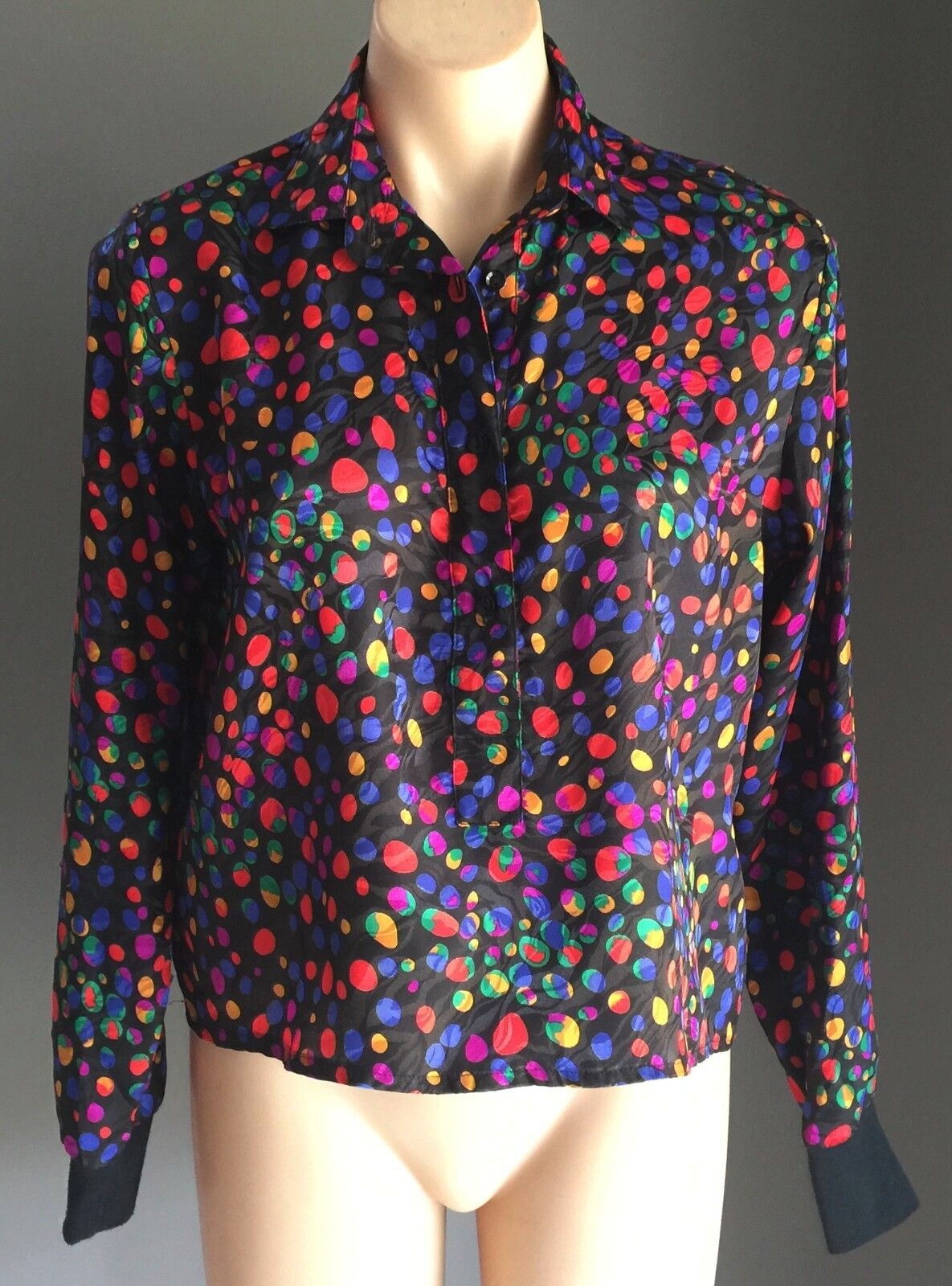 KRISTAAN Top Polka Dot Long Sleeve Blouse Size 12 Bright Multi Colour Retro