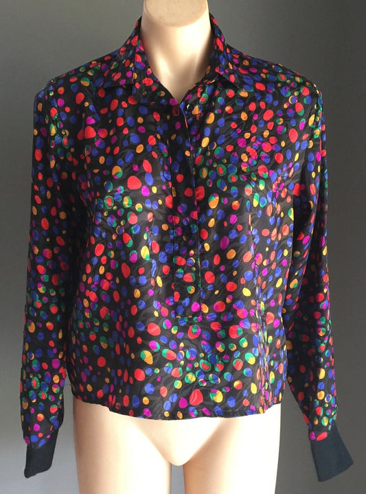 KRISTAAN Top Polka Dot Long Sleeve Blouse Size 12 Bright Multi Colour Retro
