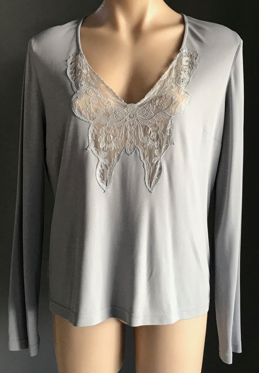 GEORGE GROSS Top Lace Trim Long Sleeve Stretch Dove Grey Sz 16 AU 12 14 Vintage