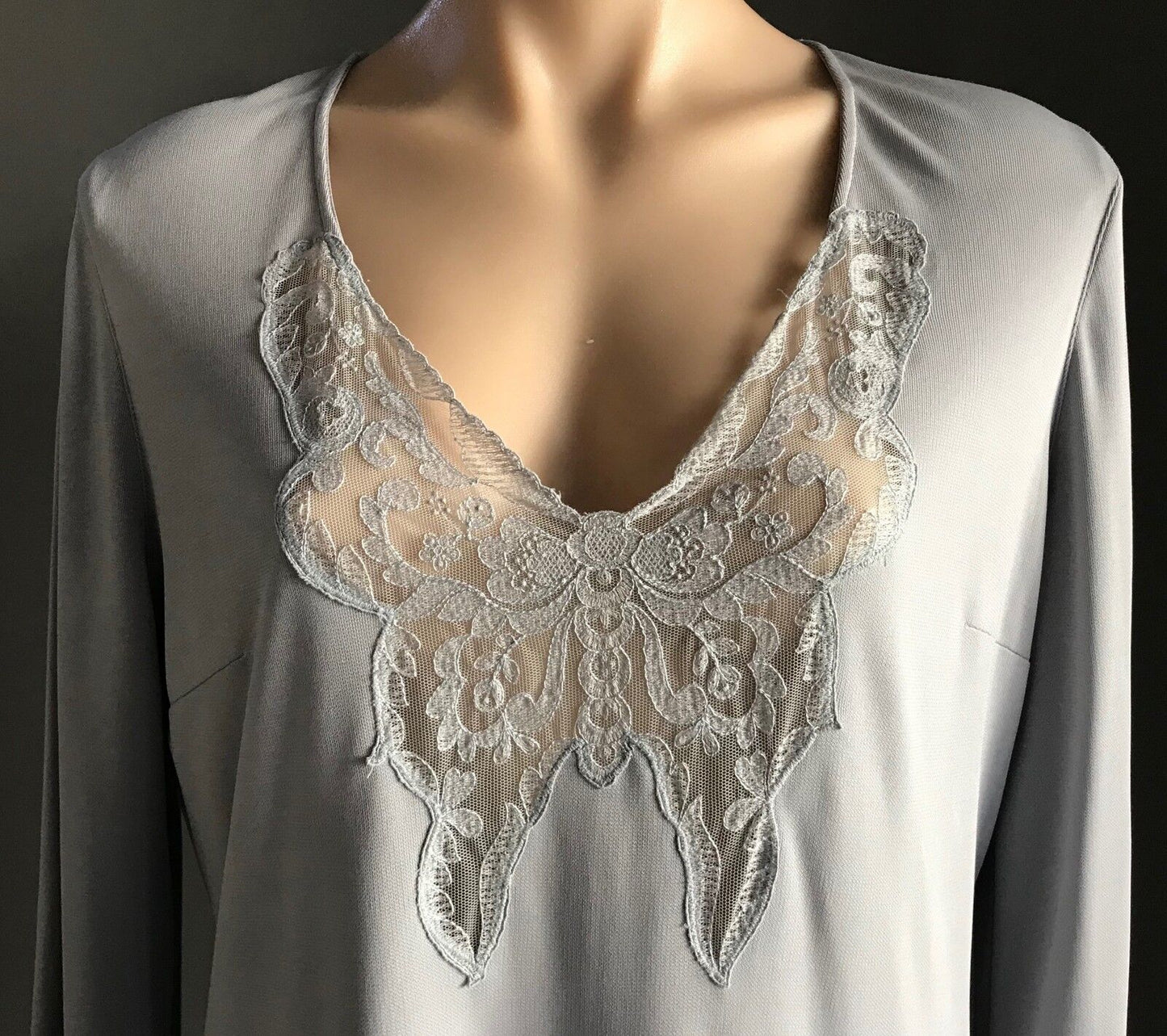 GEORGE GROSS Top Lace Trim Long Sleeve Stretch Dove Grey Sz 16 AU 12 14 Vintage