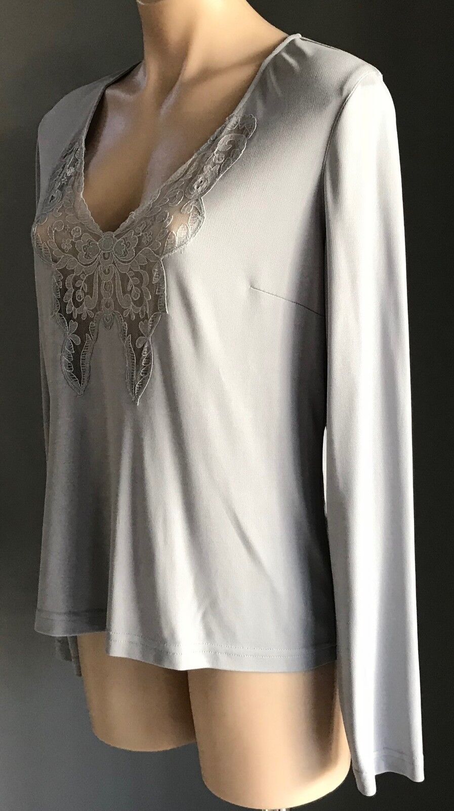 GEORGE GROSS Top Lace Trim Long Sleeve Stretch Dove Grey Sz 16 AU 12 14 Vintage