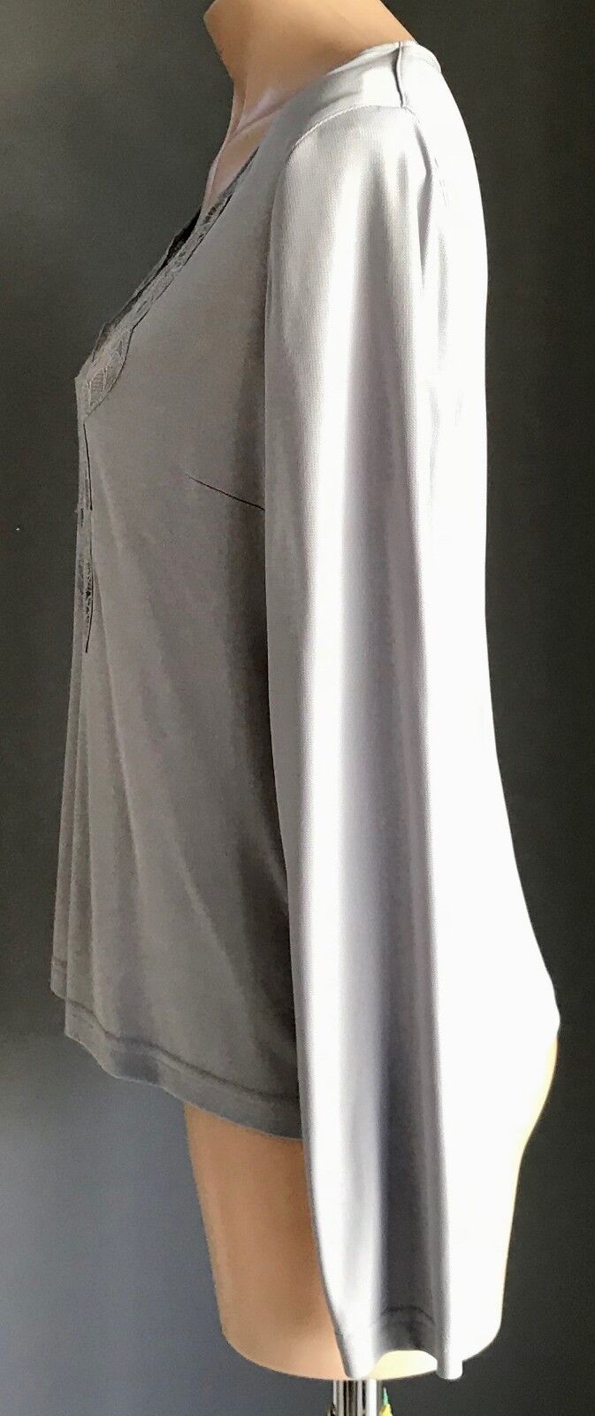 GEORGE GROSS Top Lace Trim Long Sleeve Stretch Dove Grey Sz 16 AU 12 14 Vintage