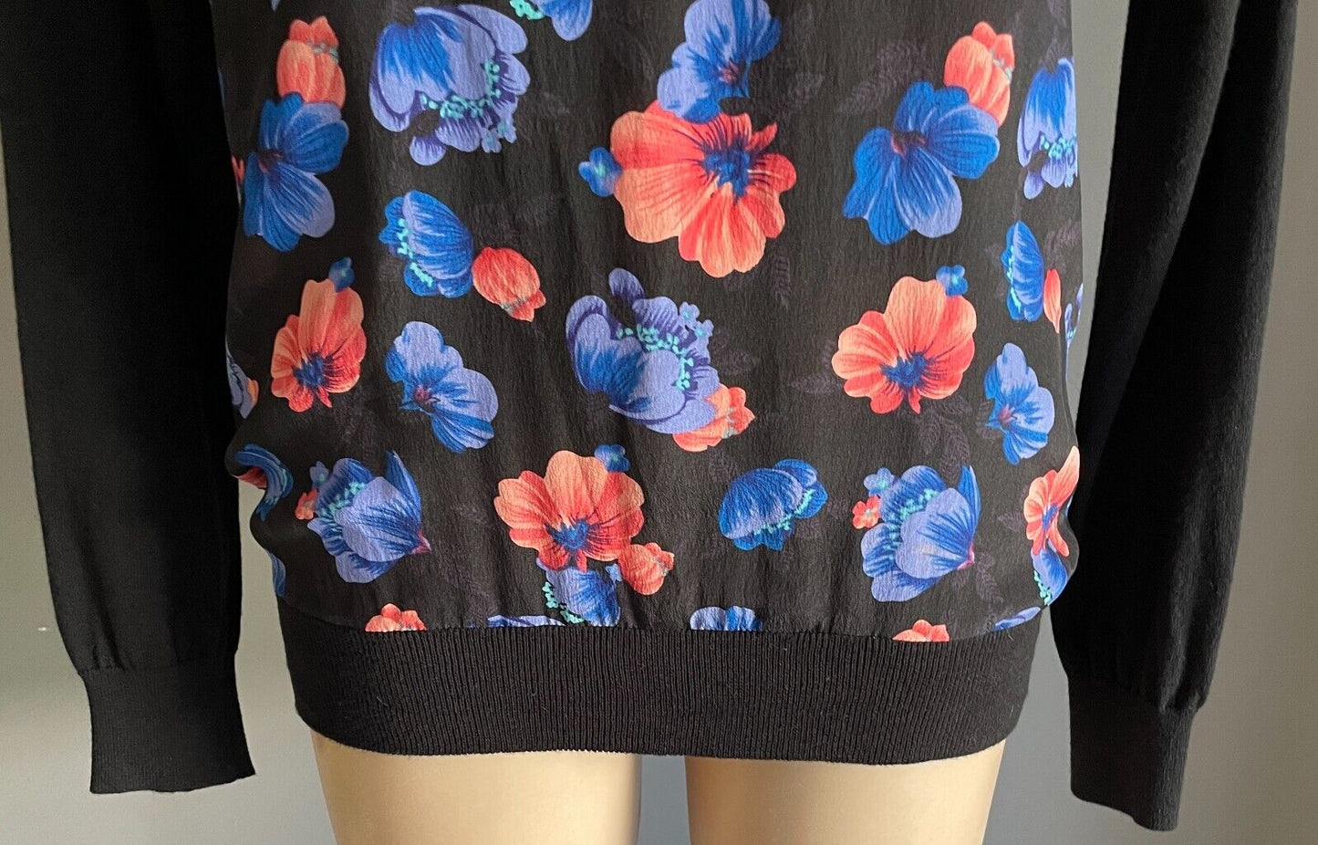 JEANSWEST Knit Sweater Black Long Sleeve Floral Print Fabric At Front Size M 10
