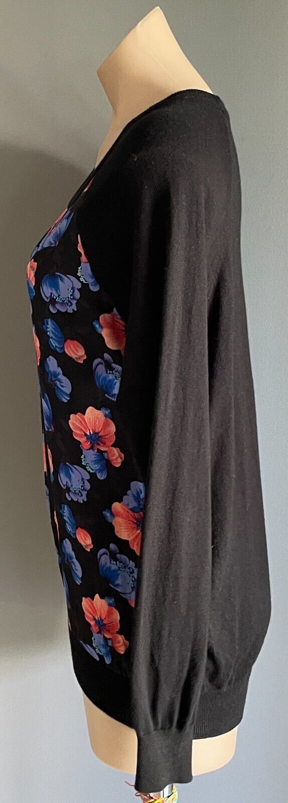 JEANSWEST Knit Sweater Black Long Sleeve Floral Print Fabric At Front Size M 10