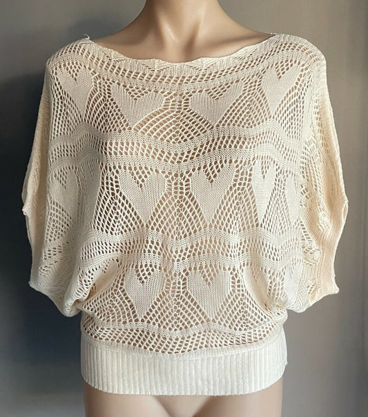 ICE Knitwear Jumper  Cream Open Knit Short Dolman Sleeve Sweater OS Size 10 NEW