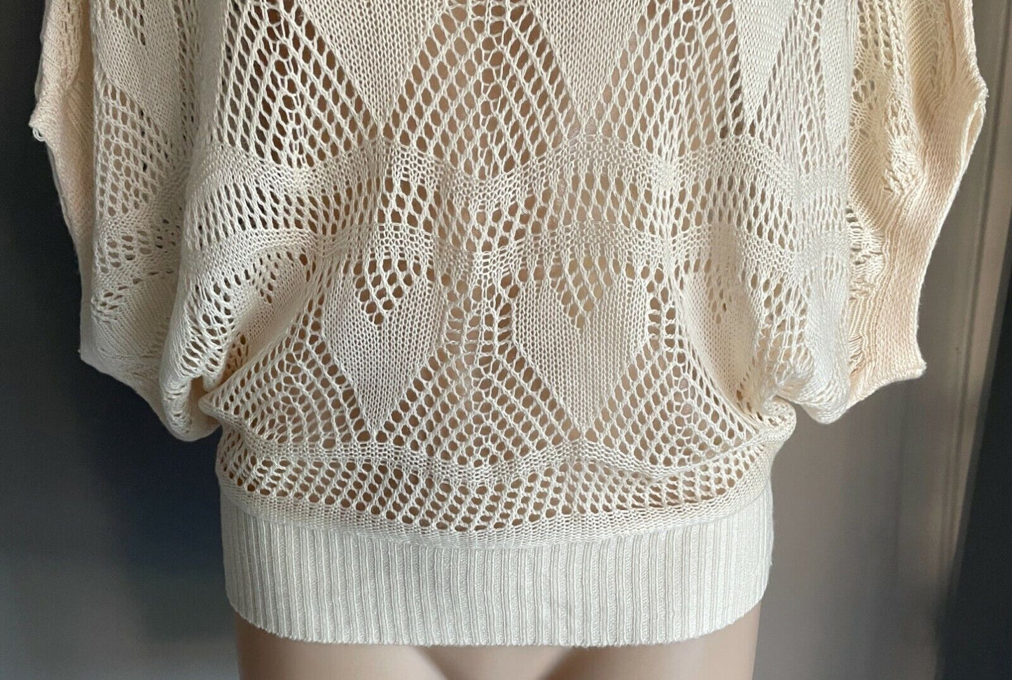 ICE Knitwear Jumper  Cream Open Knit Short Dolman Sleeve Sweater OS Size 10 NEW