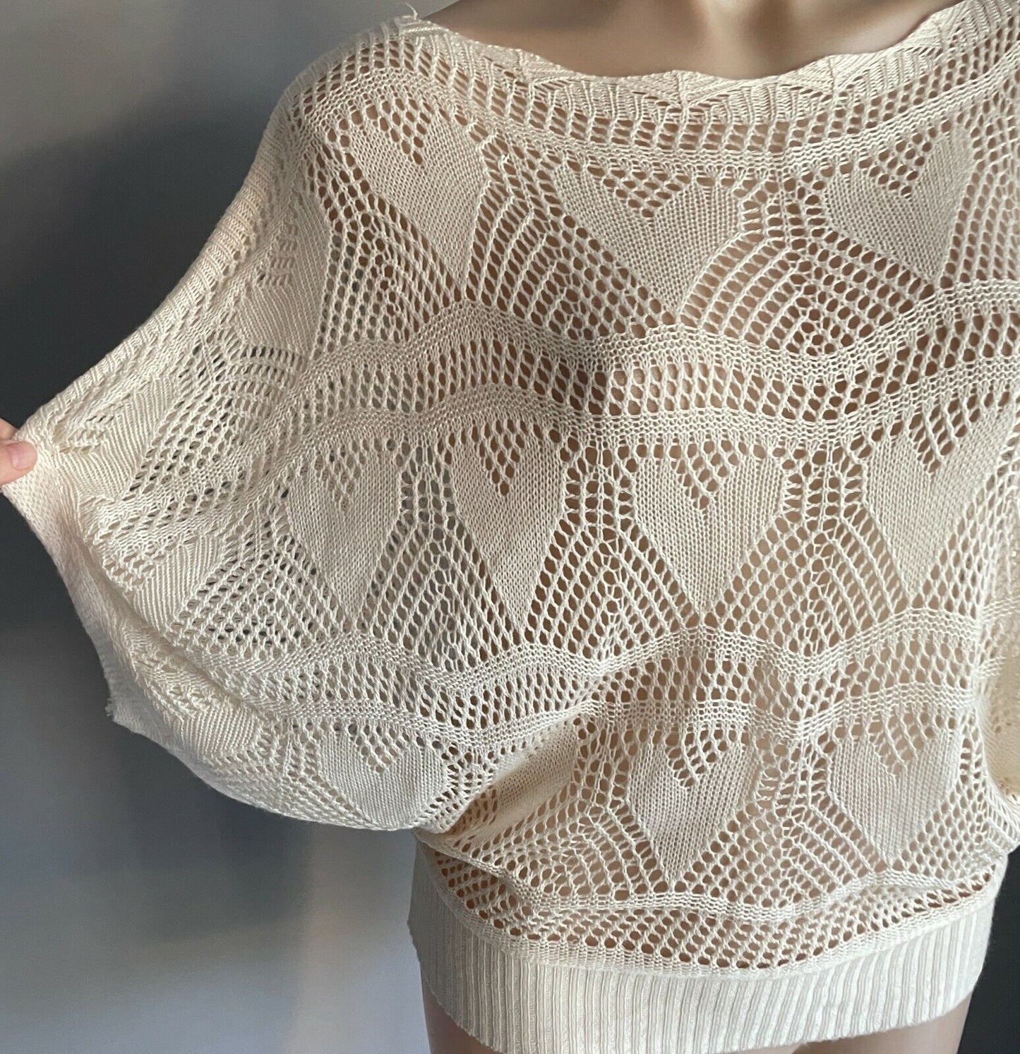 ICE Knitwear Jumper  Cream Open Knit Short Dolman Sleeve Sweater OS Size 10 NEW
