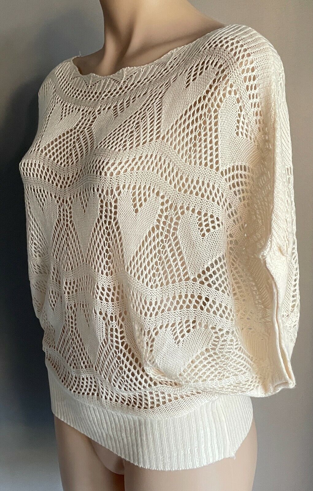 ICE Knitwear Jumper  Cream Open Knit Short Dolman Sleeve Sweater OS Size 10 NEW
