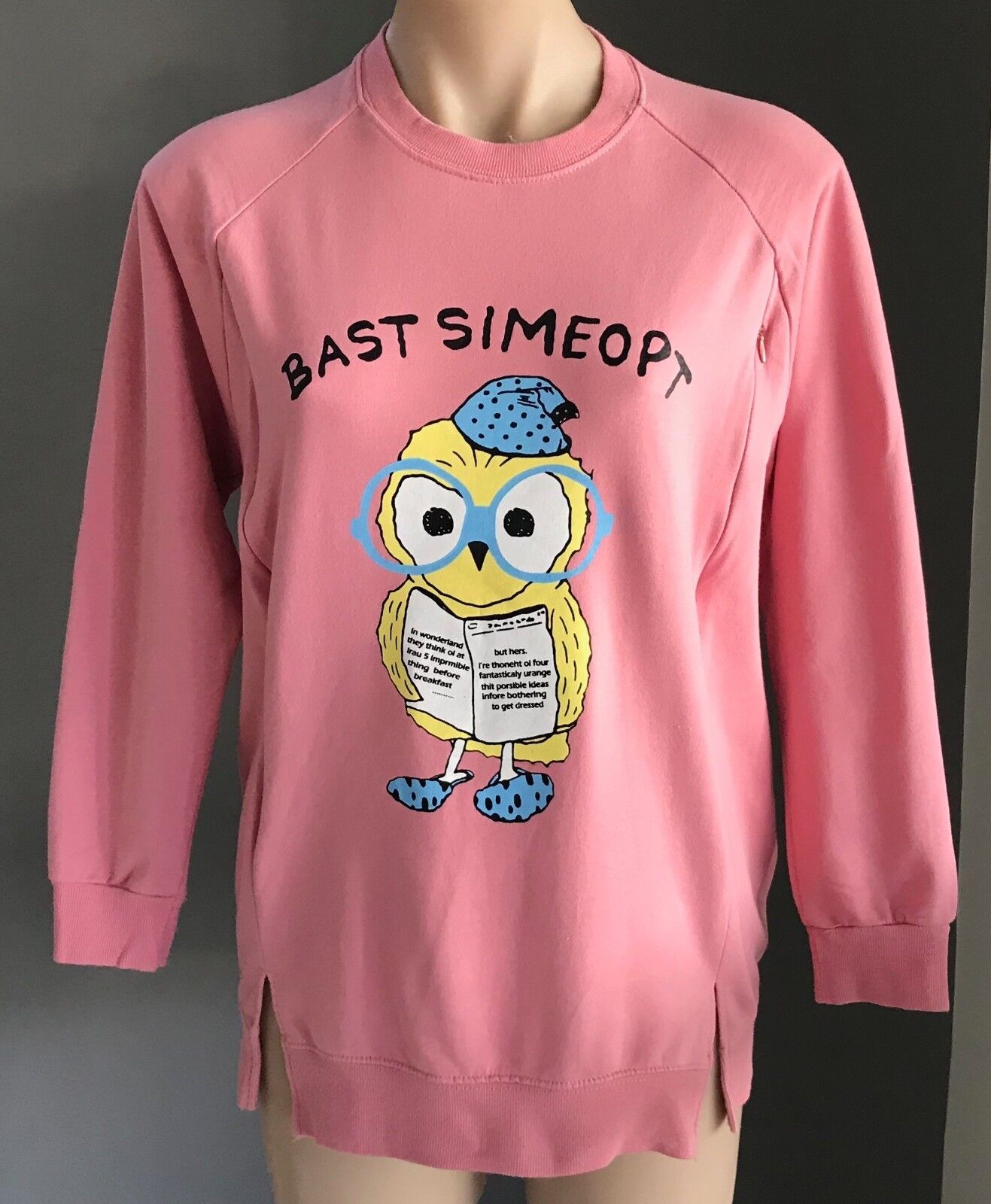 Bast Simeopt YUN JIN Pink Owl Print Crew Neck Sweater 2 Side Zips Bart Size S 10