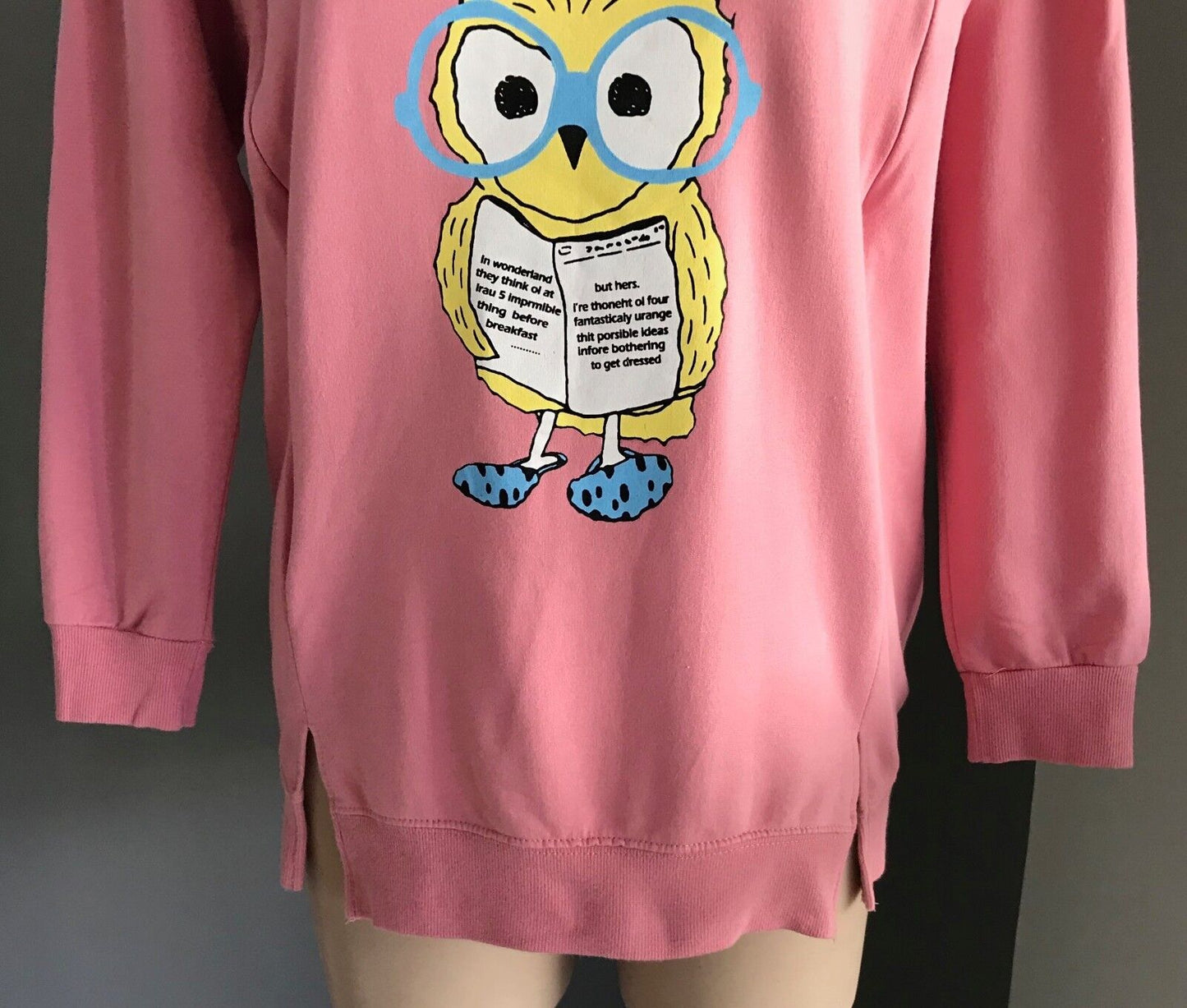 Bast Simeopt YUN JIN Pink Owl Print Crew Neck Sweater 2 Side Zips Bart Size S 10