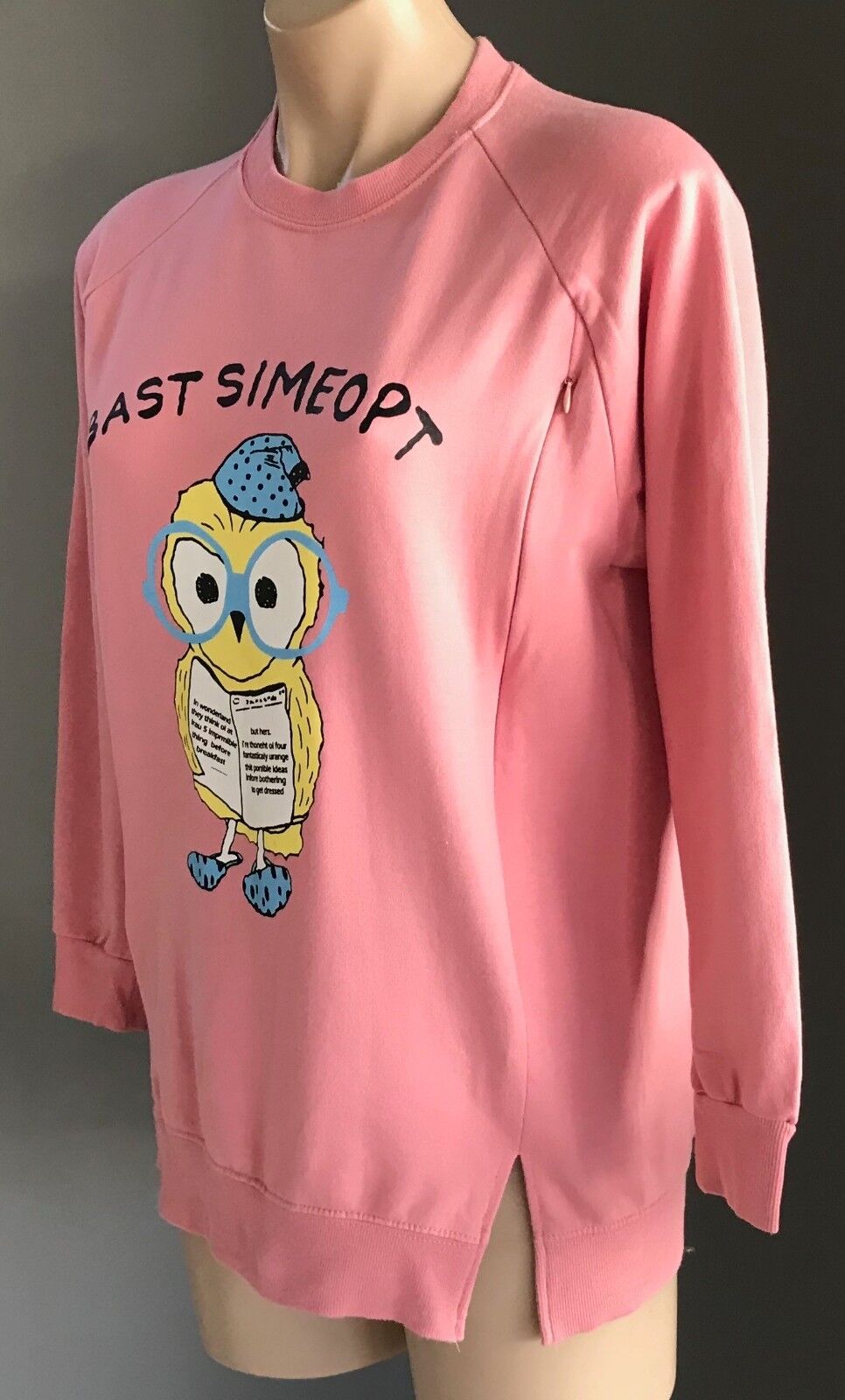Bast Simeopt YUN JIN Pink Owl Print Crew Neck Sweater 2 Side Zips Bart Size S 10