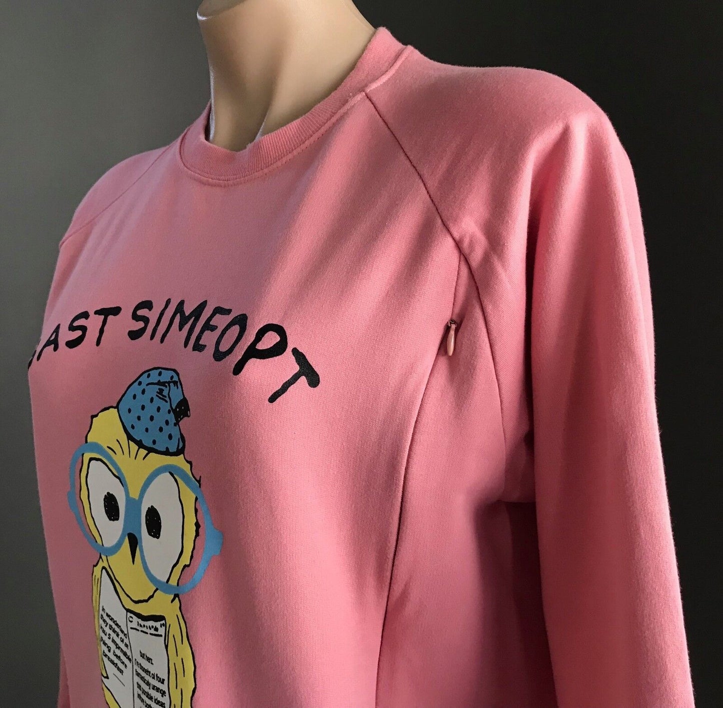 Bast Simeopt YUN JIN Pink Owl Print Crew Neck Sweater 2 Side Zips Bart Size S 10