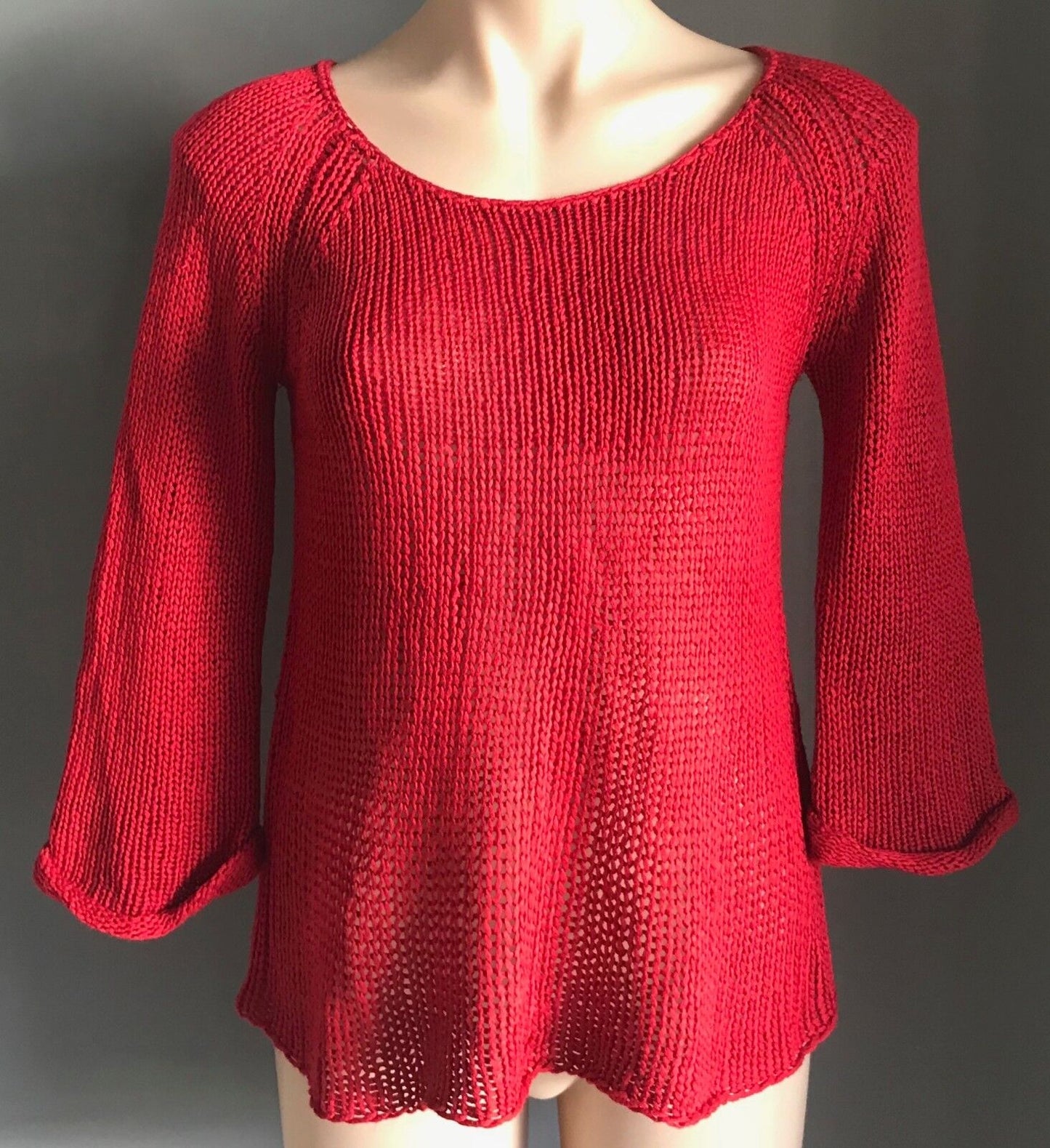 STUSSY Red Jumper Chunky Open Knit 3/4 Sleeve Sweater Size 8 10 Surfer RETRO