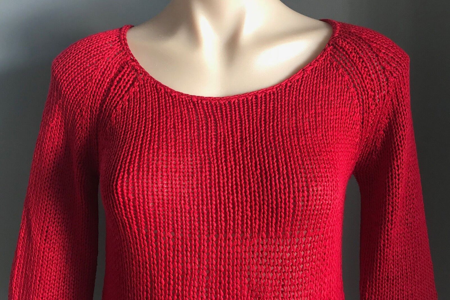 STUSSY Red Jumper Chunky Open Knit 3/4 Sleeve Sweater Size 8 10 Surfer RETRO