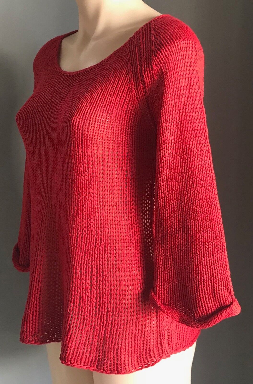 STUSSY Red Jumper Chunky Open Knit 3/4 Sleeve Sweater Size 8 10 Surfer RETRO