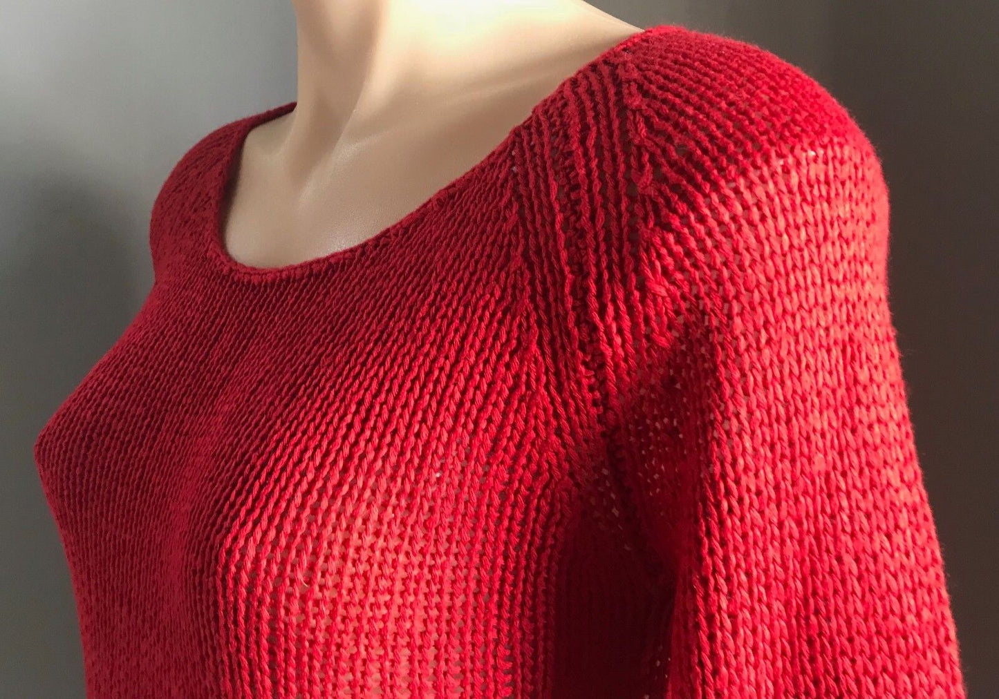 STUSSY Red Jumper Chunky Open Knit 3/4 Sleeve Sweater Size 8 10 Surfer RETRO