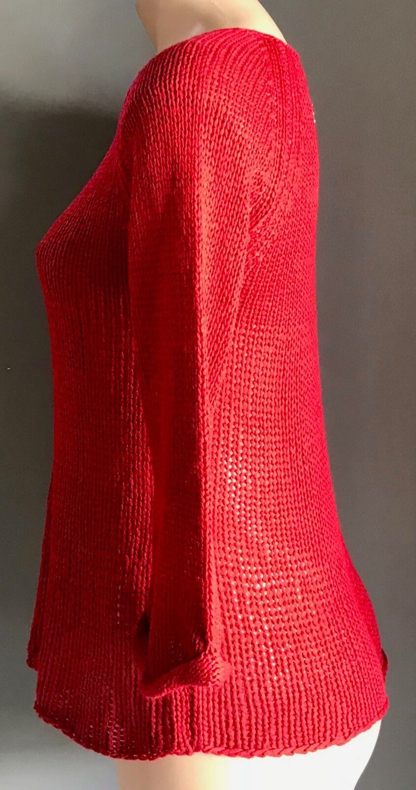 STUSSY Red Jumper Chunky Open Knit 3/4 Sleeve Sweater Size 8 10 Surfer RETRO