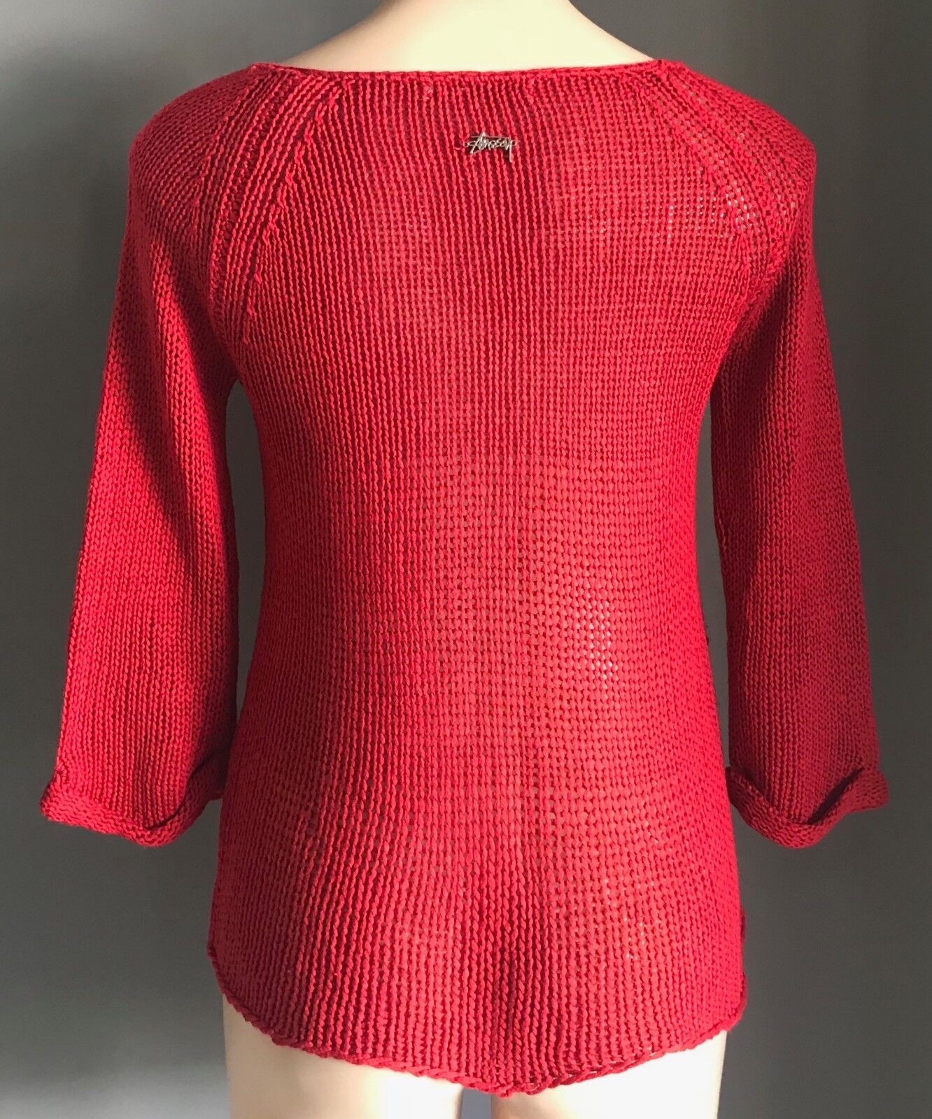 STUSSY Red Jumper Chunky Open Knit 3/4 Sleeve Sweater Size 8 10 Surfer RETRO