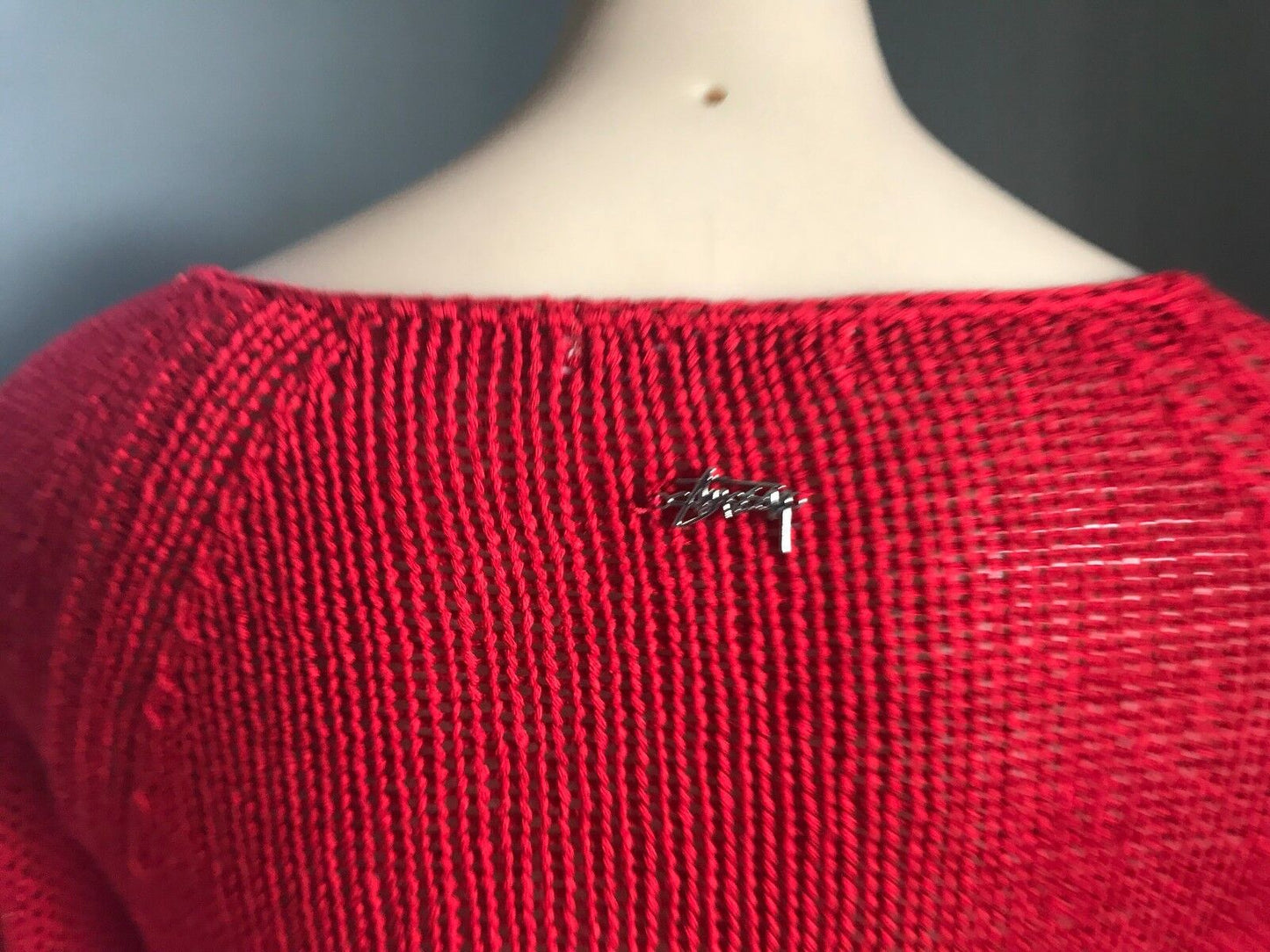 STUSSY Red Jumper Chunky Open Knit 3/4 Sleeve Sweater Size 8 10 Surfer RETRO