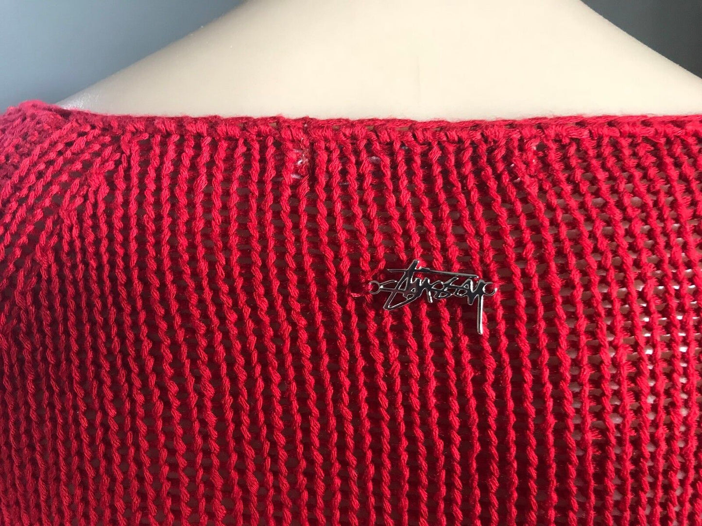 STUSSY Red Jumper Chunky Open Knit 3/4 Sleeve Sweater Size 8 10 Surfer RETRO