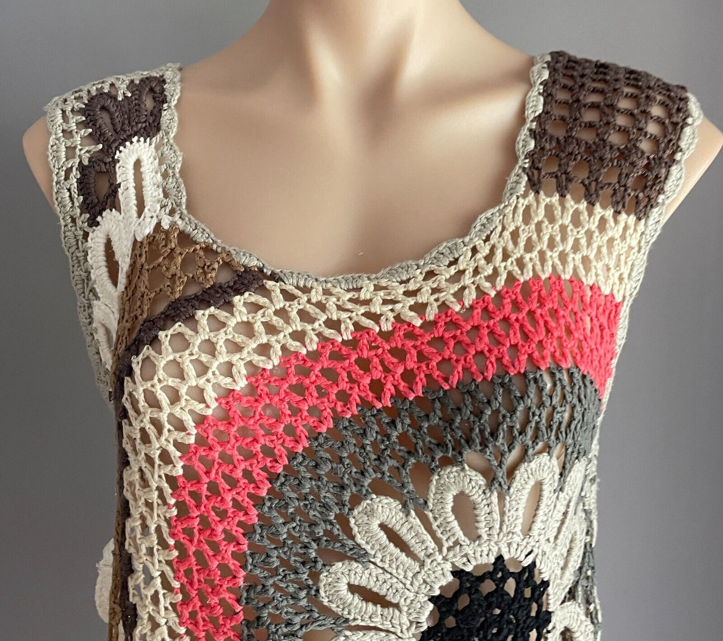 ICE Crochet Top Knitwear Open Knit Sleeveless Multicoloured Asymmetric M 10 Vtg