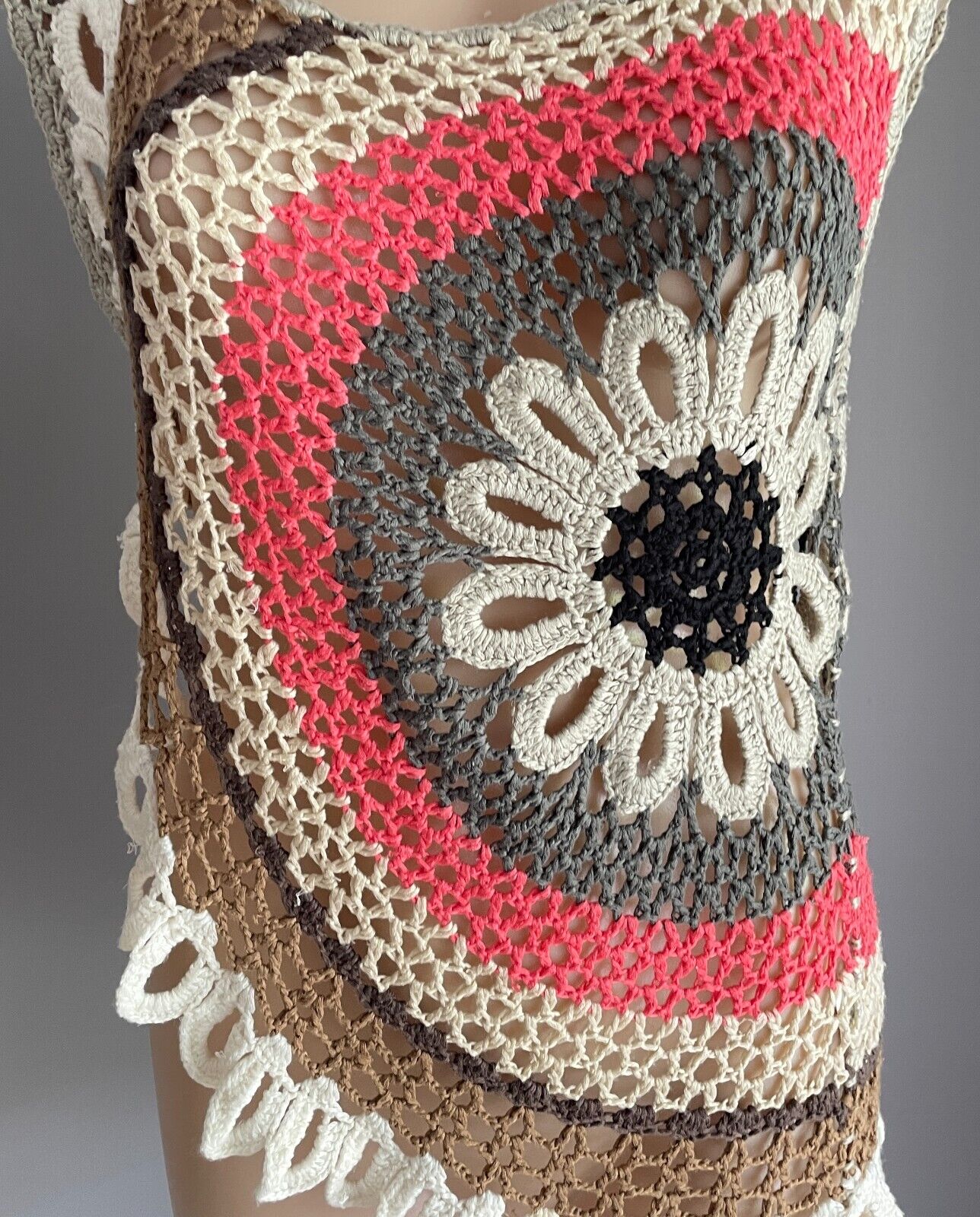 ICE Crochet Top Knitwear Open Knit Sleeveless Multicoloured Asymmetric M 10 Vtg