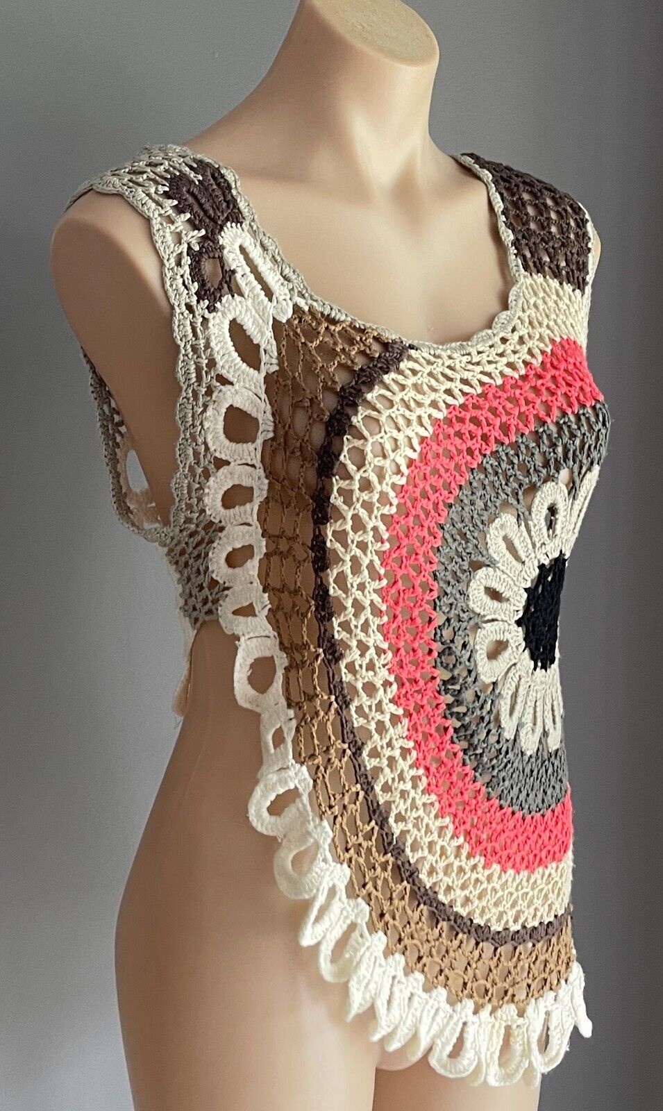 ICE Crochet Top Knitwear Open Knit Sleeveless Multicoloured Asymmetric M 10 Vtg