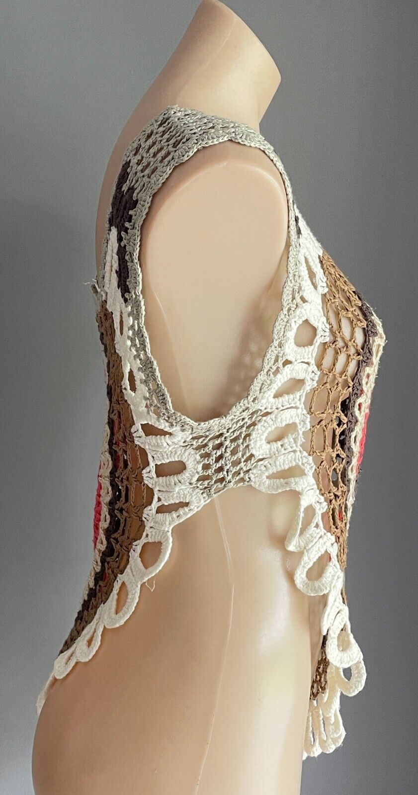 ICE Crochet Top Knitwear Open Knit Sleeveless Multicoloured Asymmetric M 10 Vtg