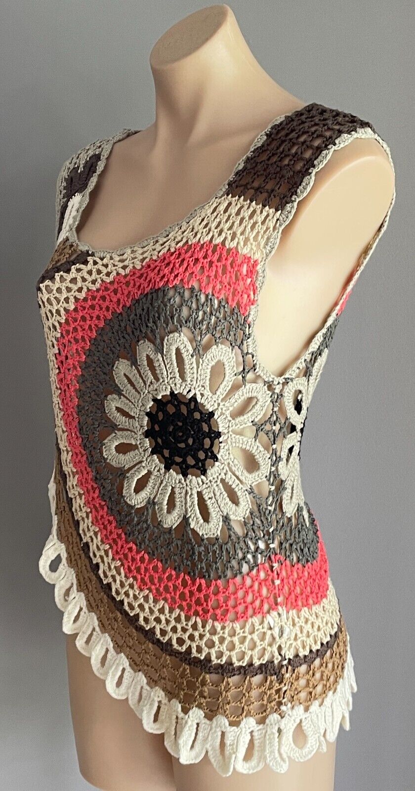 ICE Crochet Top Knitwear Open Knit Sleeveless Multicoloured Asymmetric M 10 Vtg